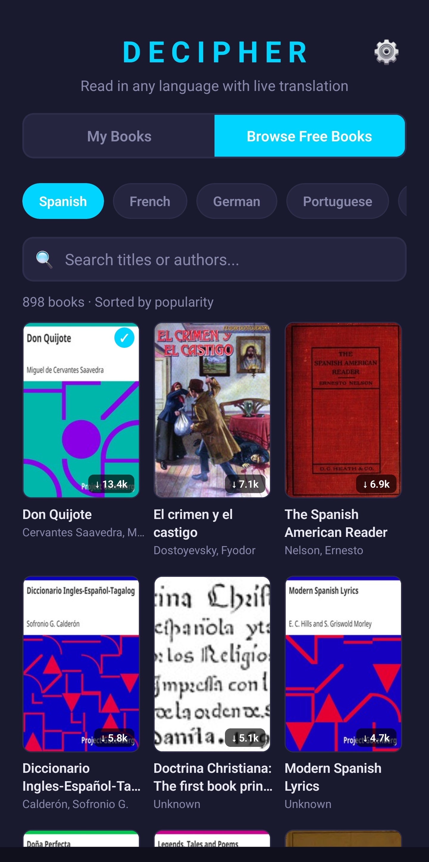 Browse 898 free Spanish books on Project Gutenberg