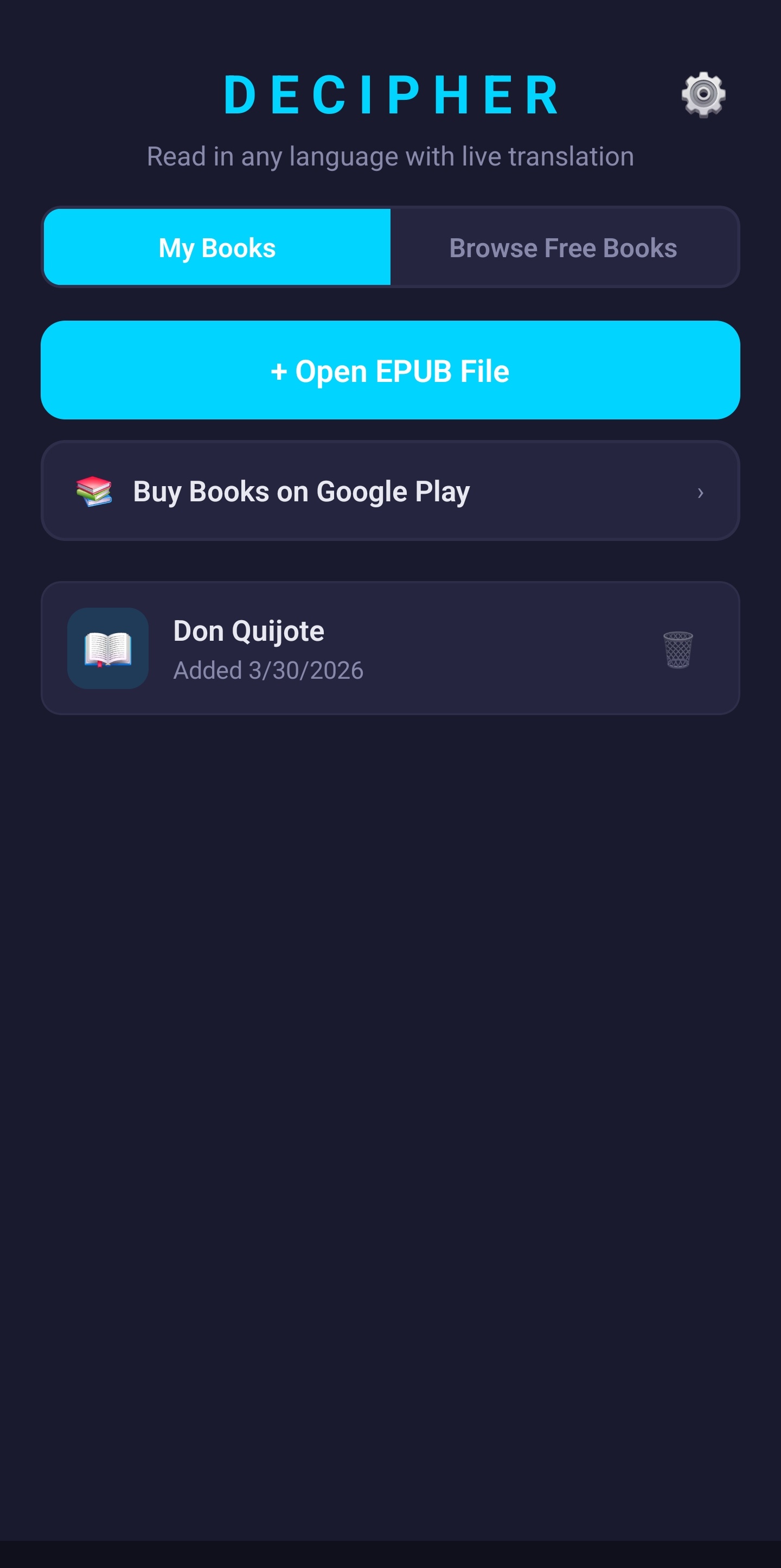 Decipher home screen showing your book library